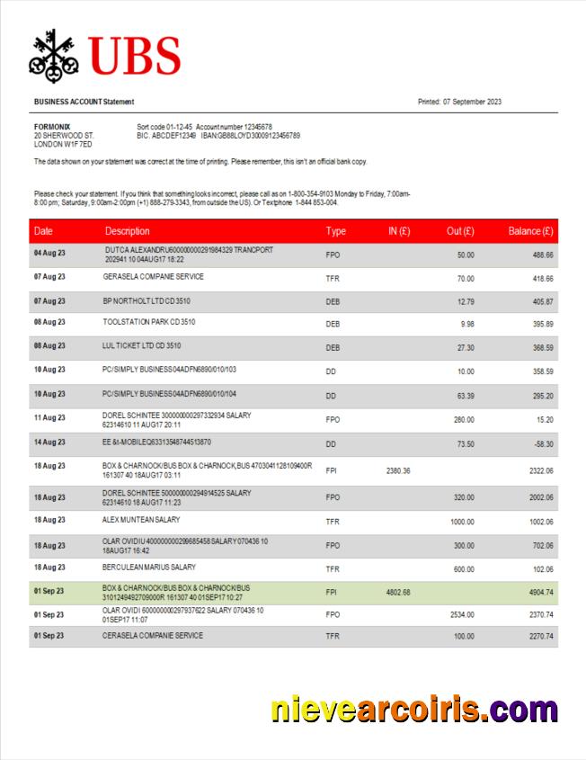UBS Bank corporate checking account statement
